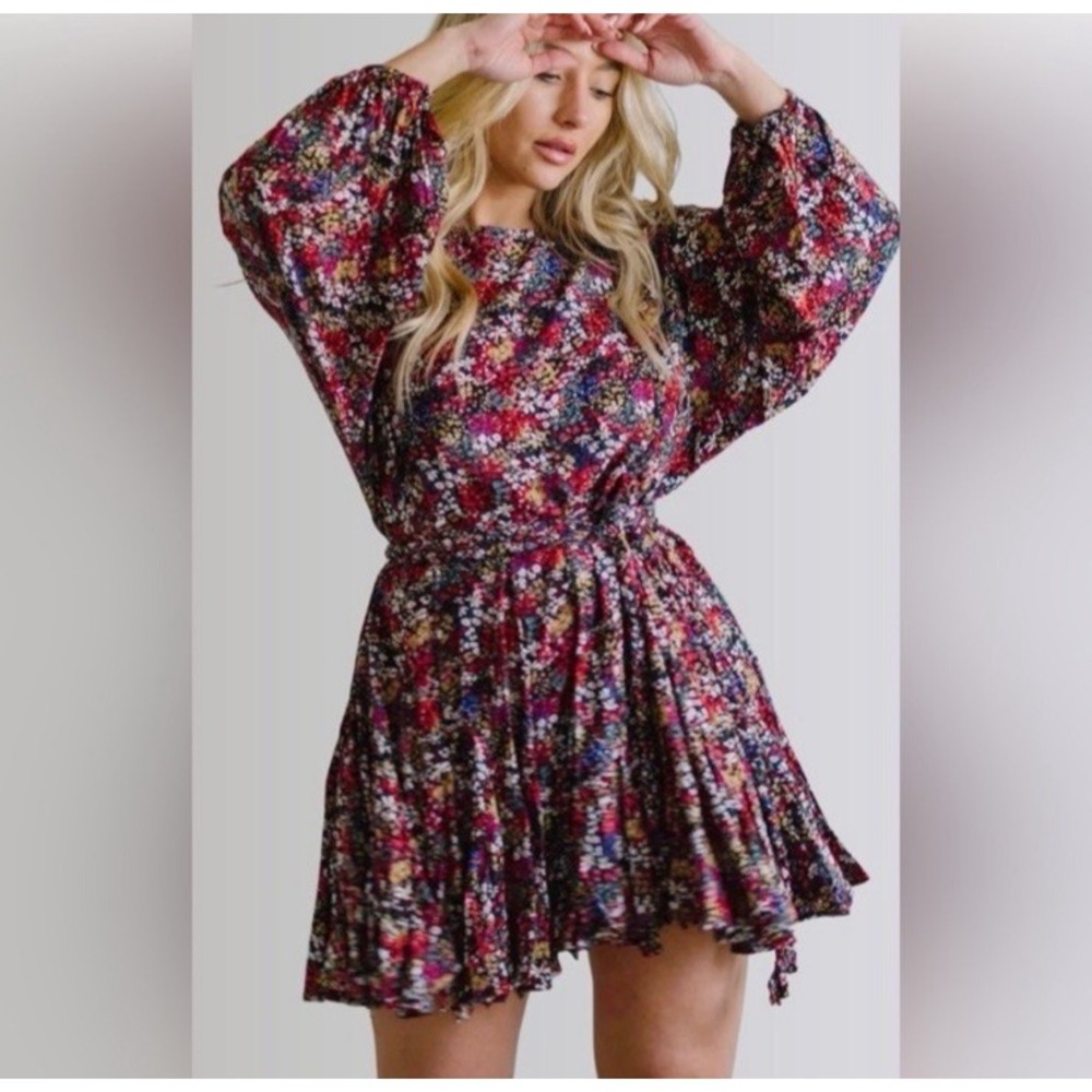 Storia Perennial Multicolor Floral Frills Dress Sz S‎ Braided Rope Belt Pleated